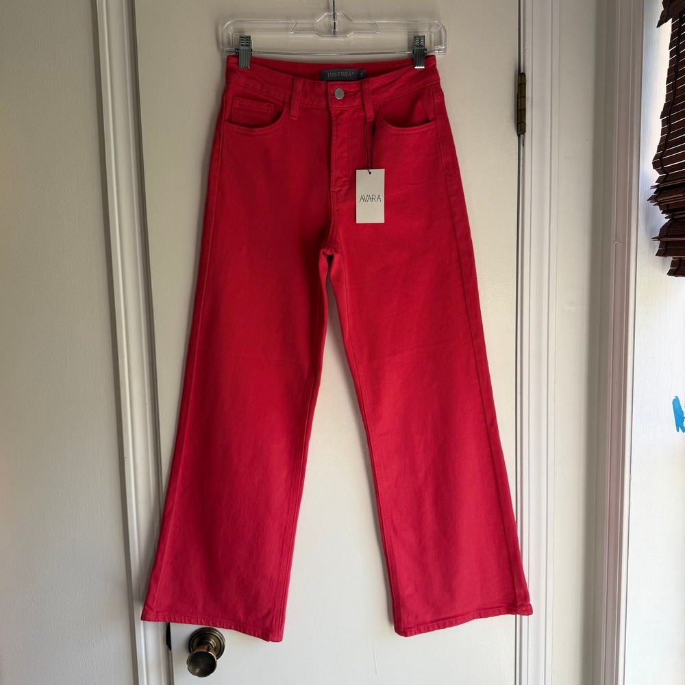 JUSTUSA Women Red High Rise Wide Leg Cropped Jeans JP239-RED Size 2 NWT